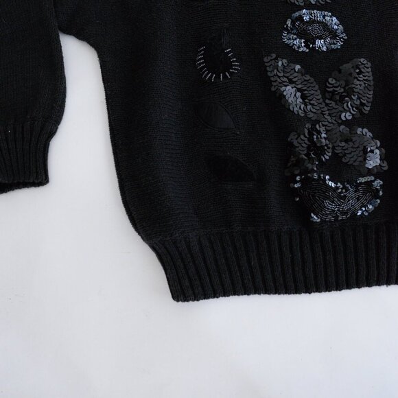 Vintage Bonnie And Bill Black Beaded Knit Shoulder Pad 80's Sequin Sweater M - Picture 6 of 13